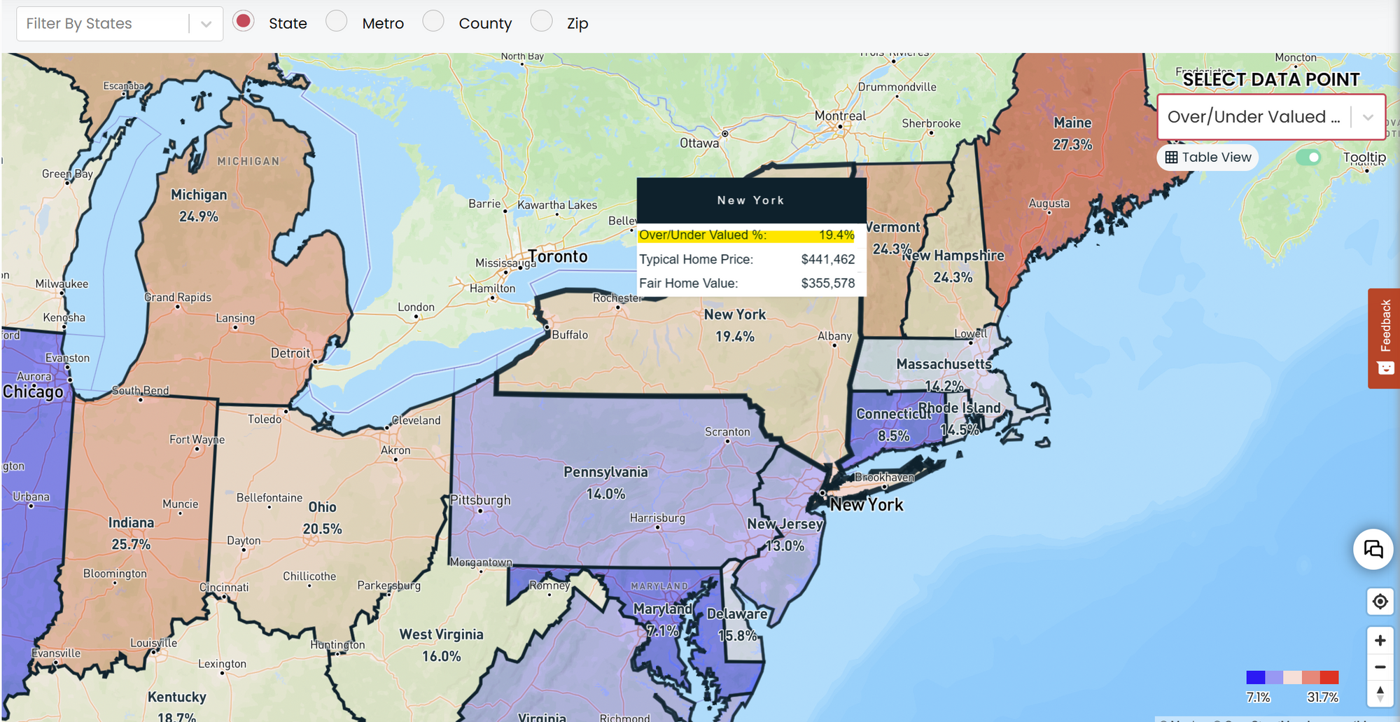 New York's home values are about 19% overvalued in 2023. 